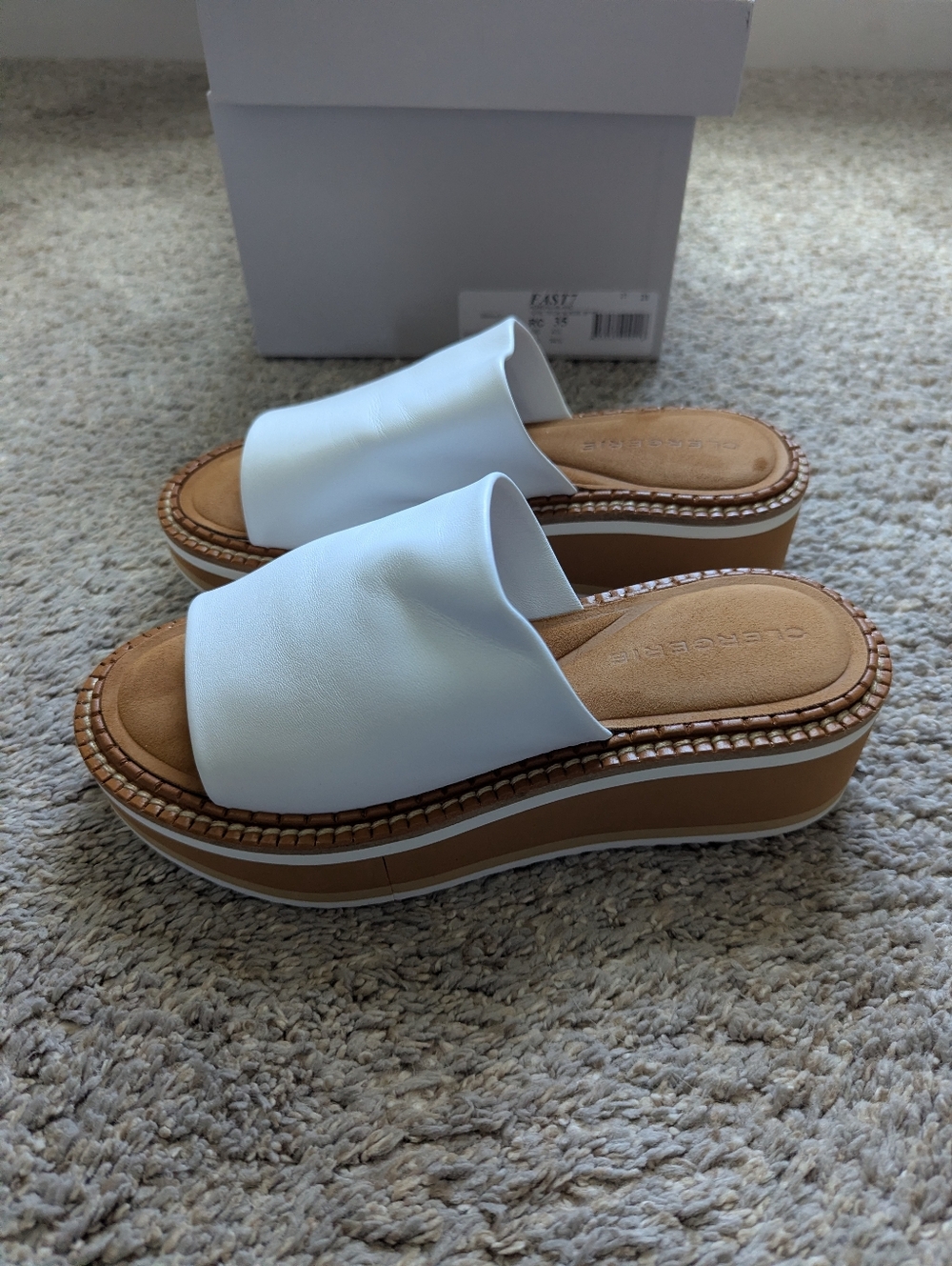 Robert Clergerie Fast7 White Slide Platform Sandals with Tan Accent